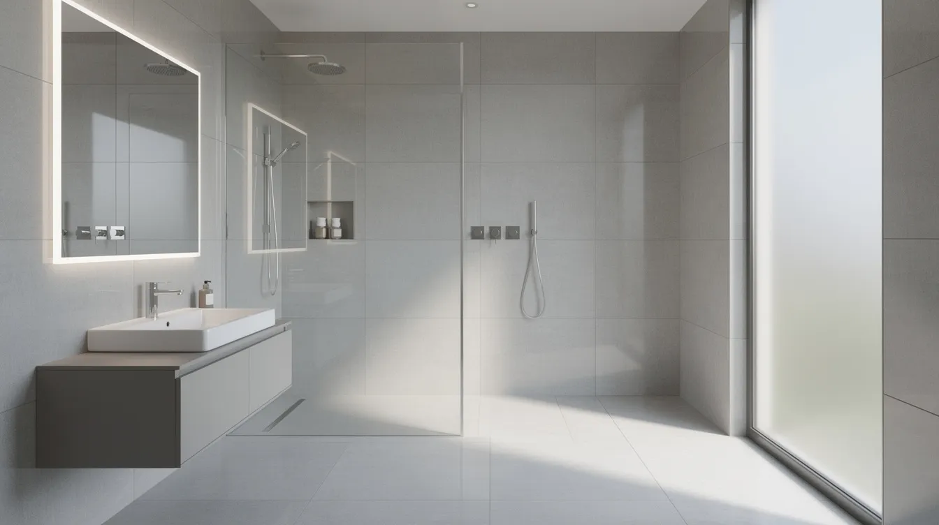 Cette image montre une salle de bain moderne avec une douche à l'italienne, revêtue de carrelage en grand format gris clair. La robinetterie chromée ajoute une touche élégante, tandis que la lumière naturelle illumine l'espace, mettant en valeur le travail d'un carreleur à Nantes.