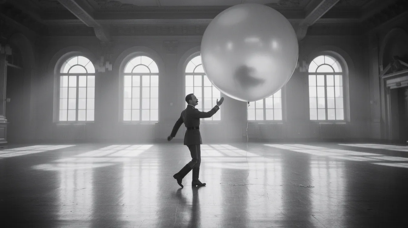 Das Schwarzweißbild zeigt einen Mann in Militäruniform mit kleinem Schnurrbart, der allein in einem großen leeren Saal mit hohen Fenstern tanzt, während ein überdimensionaler durchscheinender Ballon um ihn schwebt. Diese Szene erinnert an den Film "Der große Diktator", in dem Charlie Chaplin eine satirische Auseinandersetzung mit Diktatoren darstellt.