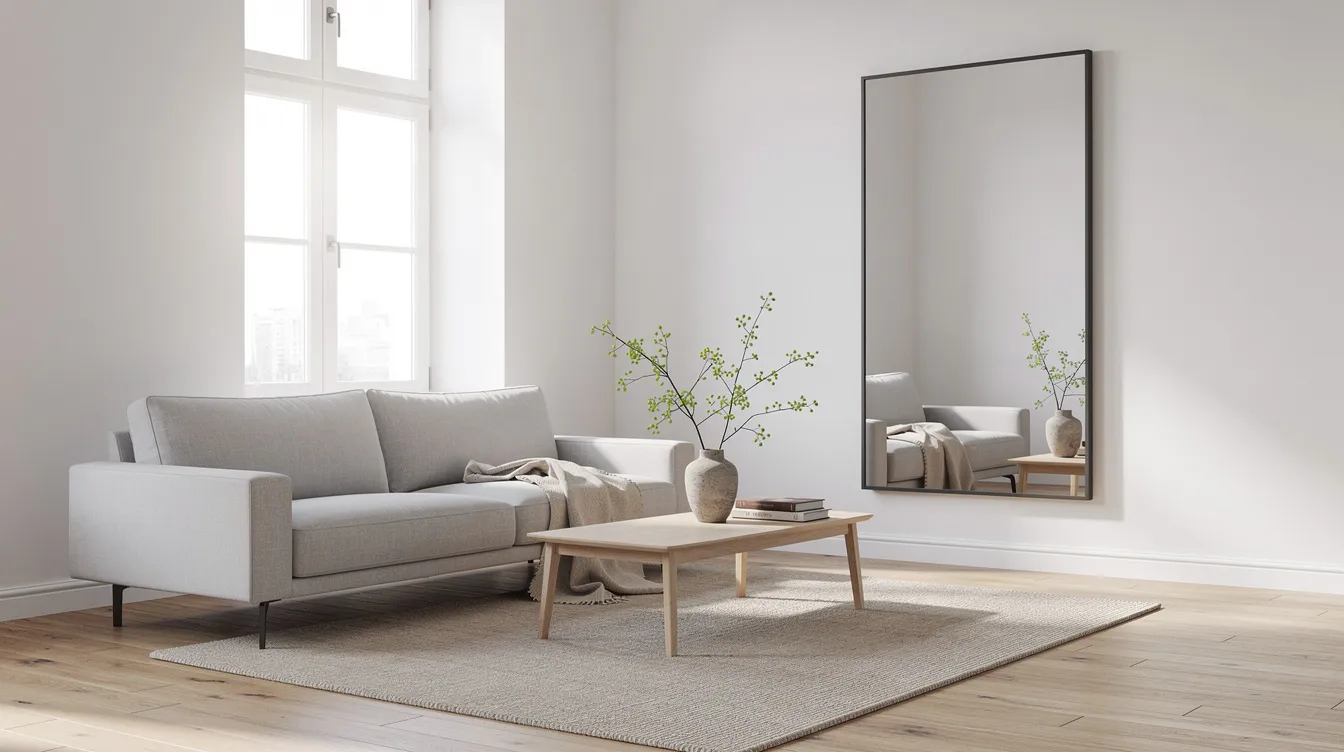 I bilden ser vi ett ljust skandinaviskt vardagsrum med en stor rektangulär spegel som reflekterar det naturliga ljuset från ett fönster. Spegeln, som är en elegant inredningsdetalj, bidrar till att skapa en känsla av rymd och ljus i rummet.