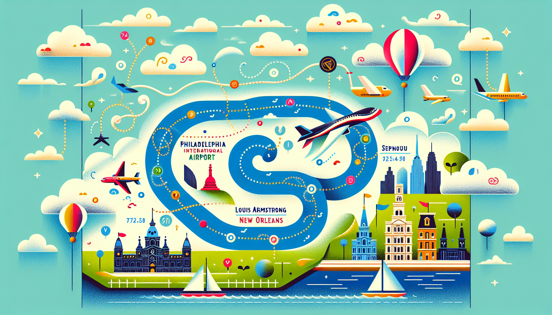 A visual representation of the direct flight duration from Philadelphia to New Orleans, showing flight time and direction.