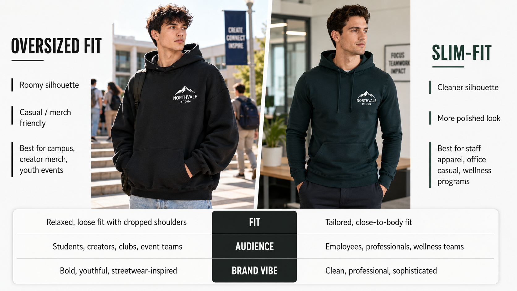 Oversized hoodie versus slim-fit hoodie comparison for branded apparel programs