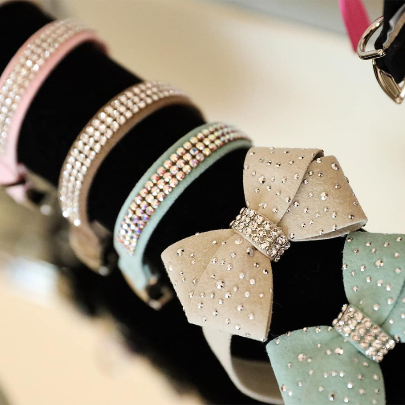 Image showcasing various accessories like sparkles and bows on a dog's collar.
