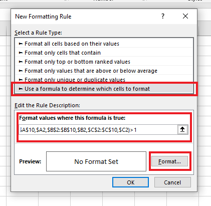 In the New Formatting Rule formula bar, put the highlight cell rules to highlight duplicates.
