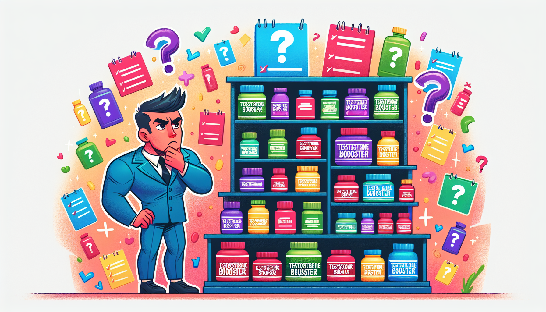 An illustration of a person choosing testosterone boosters from a selection.