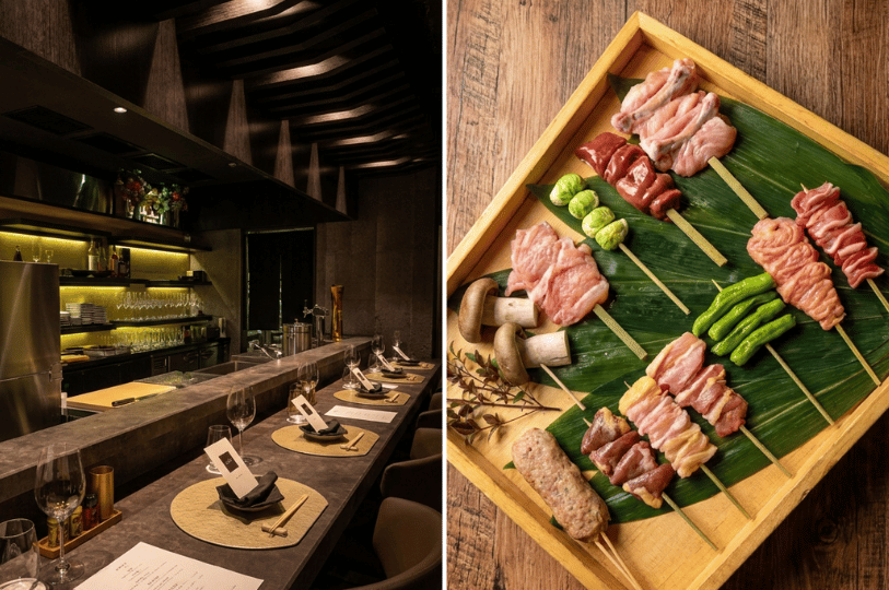 A split image featuring an upscale, moody omakase or izakaya counter with dark stone textures and spotlighting on the left, alongside a wooden tray presenting an assortment of raw, pre-skewered meats and vegetables prepped for the grill on the right.