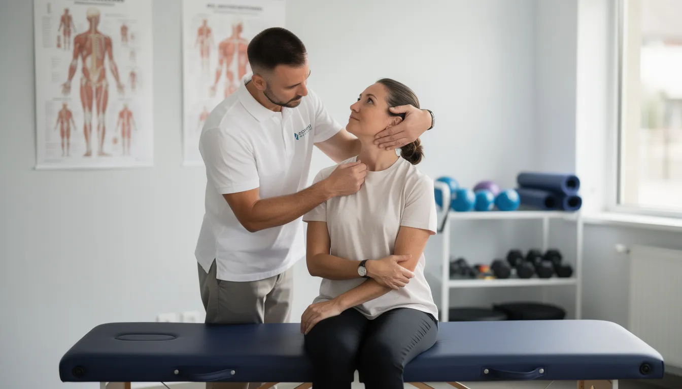 A physical therapist is assisting a patient with neck mobility exercises in a clinic, focusing on improving neck function and relieving chronic neck pain. The therapist guides the patient through movements aimed at reducing neck stiffness and promoting better posture, essential for alleviating discomfort in the cervical spine.