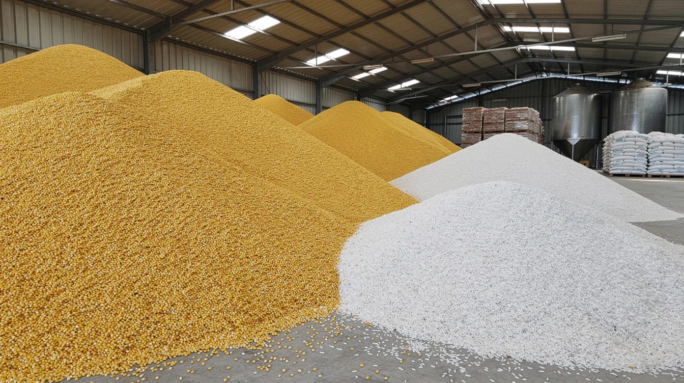 e84f061d c8b1 413a 85dc f2f2022fb06e The image shows large heaps of dried yellow maize kernels and white broken rice grains stored in an industrial warehouse, highlighting the raw materials essential for grain-based ethanol production. This setting underscores the importance of feedstock availability in the ethanol manufacturing process.