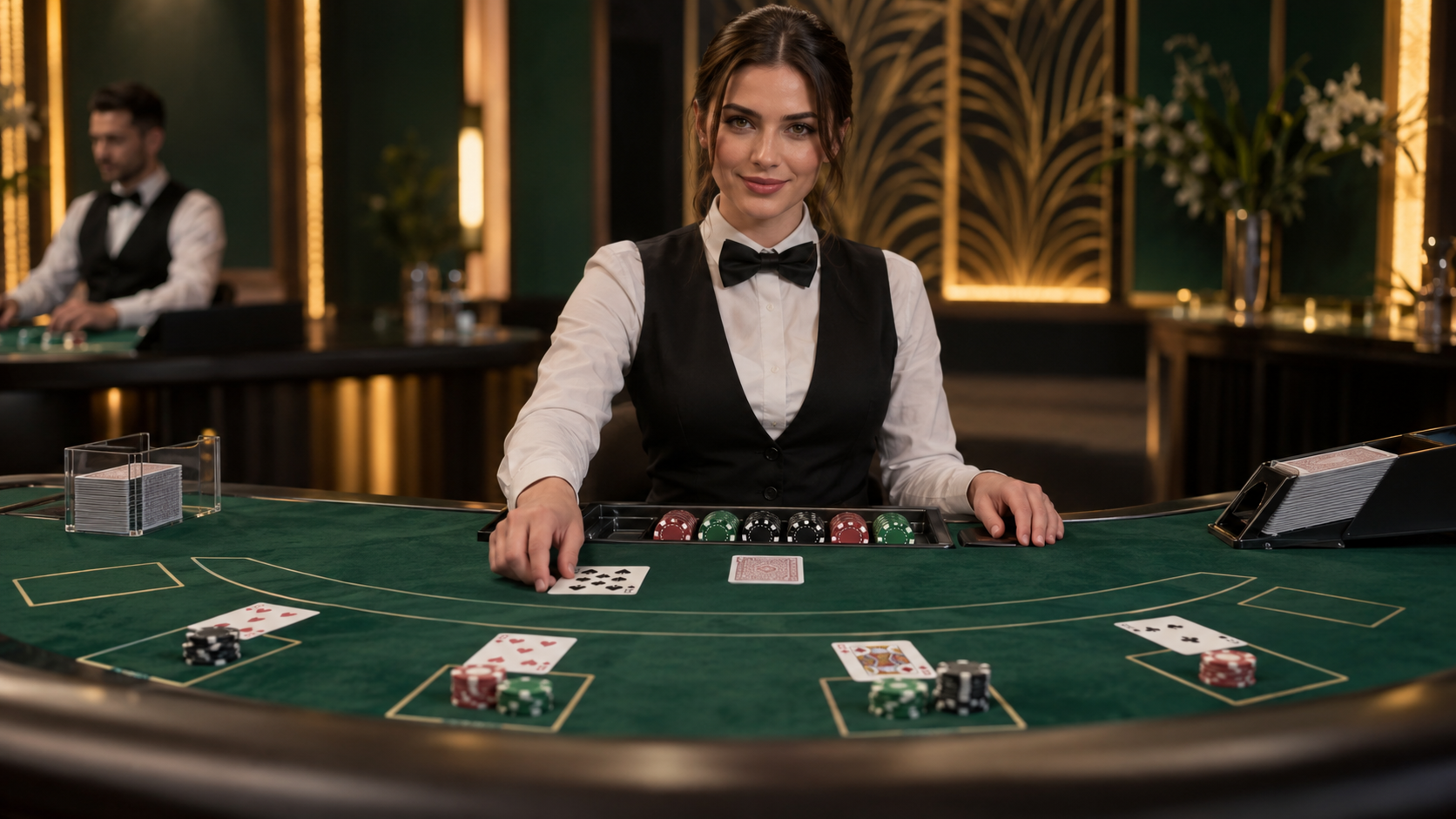 Live casino table with professional dealer dealing cards in real time
