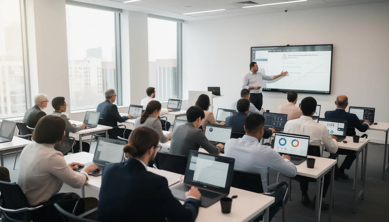 The image depicts a group of professionals engaged in a workshop within a modern training room, intently focused on their laptop screens, likely exploring advanced AI technologies and their applications. This setting illustrates the growing importance of AI development and the collaboration of human workers in harnessing AI capabilities for various business processes.