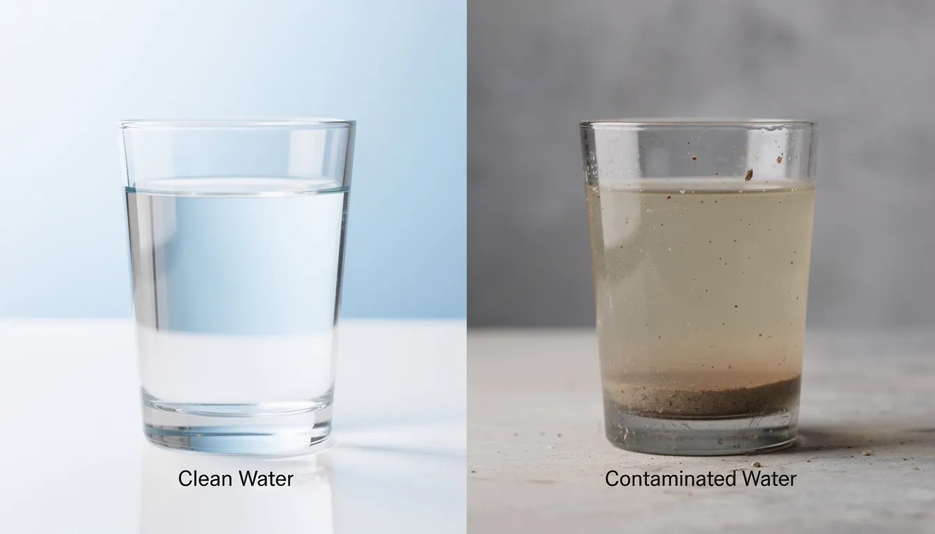 The image shows a side-by-side comparison of crystal clear water on the left, representing a clean cold plunge experience, and cloudy, contaminated water on the right, highlighting the importance of maintaining water quality for cold immersion practices. This dramatic message emphasizes the necessity of proper cleaning and filtration to ensure a safe and beneficial cold water exposure routine.