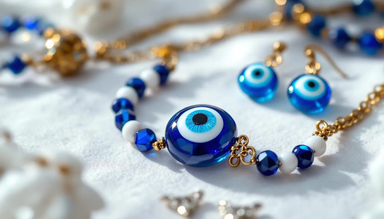 The image showcases a collection of evil eye jewellery, including bracelets, necklaces, earrings, and pendants, all designed to ward off negative energies and protect the wearer from bad luck. Each piece features the iconic blue eye symbol, believed to exude positivity and safeguard against evil spirits.