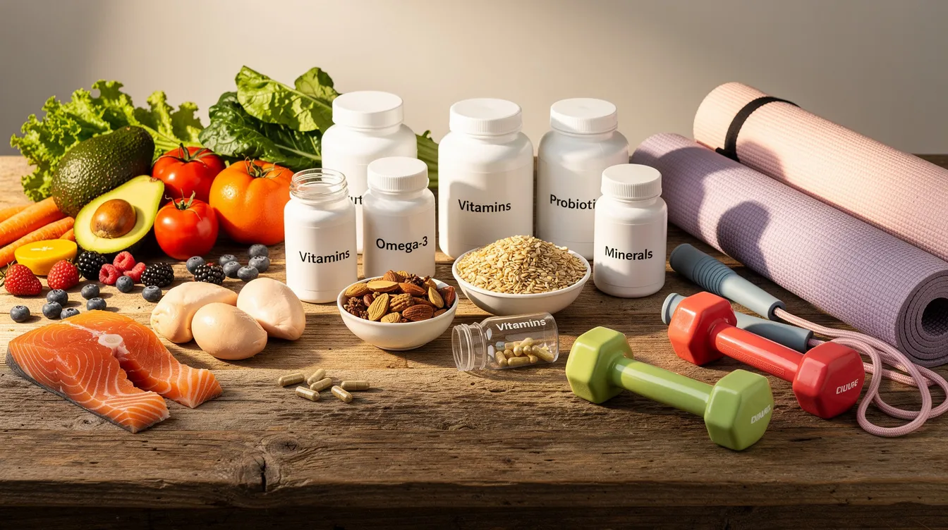 The image displays an assortment of healthy foods, various supplements in bottles, and exercise equipment arranged on a wooden table, emphasizing the importance of nutrition and physical activity for overall health and longevity. This visual representation aligns with concepts from longevity science and the work of experts like David Sinclair and Peter Attia, highlighting the biological mechanisms and lifestyle choices that contribute to emotional and mental health.