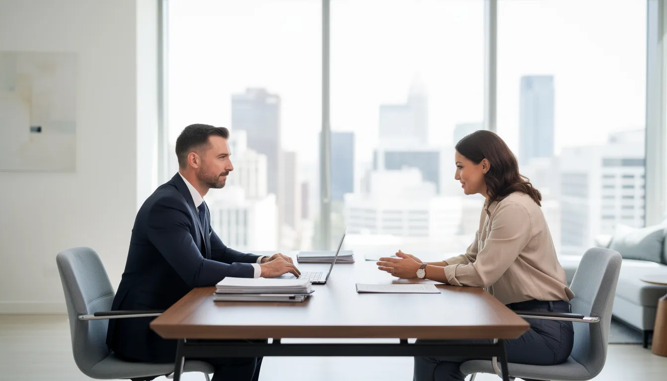 A professional attorney is engaged in a discussion with a client in a modern office setting, highlighting the importance of legal representation for personal injury cases. The attorney, an experienced personal injury lawyer, is likely providing guidance on how to recover compensation for injury victims facing mounting medical bills and navigating the legal process.