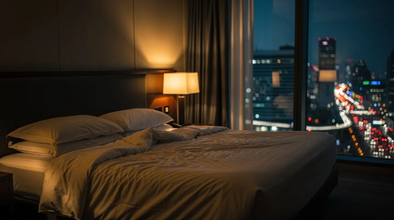The image depicts a dimly lit hotel room with rumpled white sheets and city lights twinkling through the window, creating an intimate atmosphere perfect for deep connections and exploring new ideas to spice up your sex life. The soft glow enhances the mood, inviting thoughts of romantic moments and pleasurable experiences.