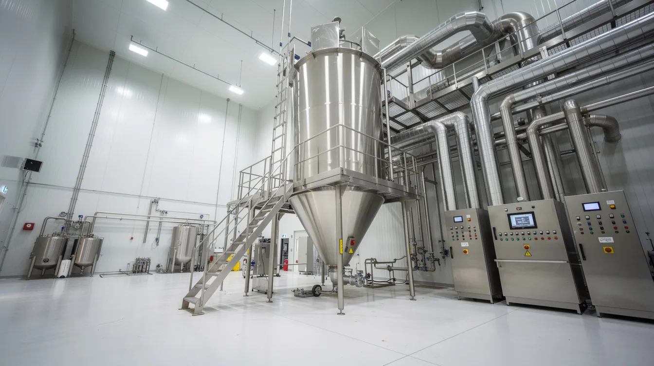 e8579903 09fe 48fa 9dcd ed0e5e3d87bb The image depicts industrial spray drying equipment within a large dairy processing hall, showcasing metal ducting and control panels crucial for whey protein production. This setup is essential for converting liquid whey into concentrated whey protein and whey powder, highlighting the technology and machinery involved in the whey processing industry.