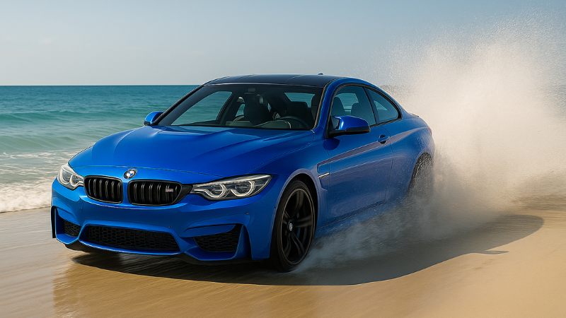 Deep blue BMW wrapped in wavy graphic vinyl wrap