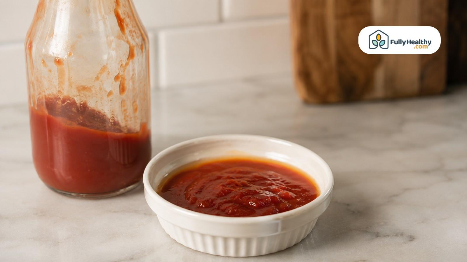 Old ketchup poured into small dish beside nearly empty bottle