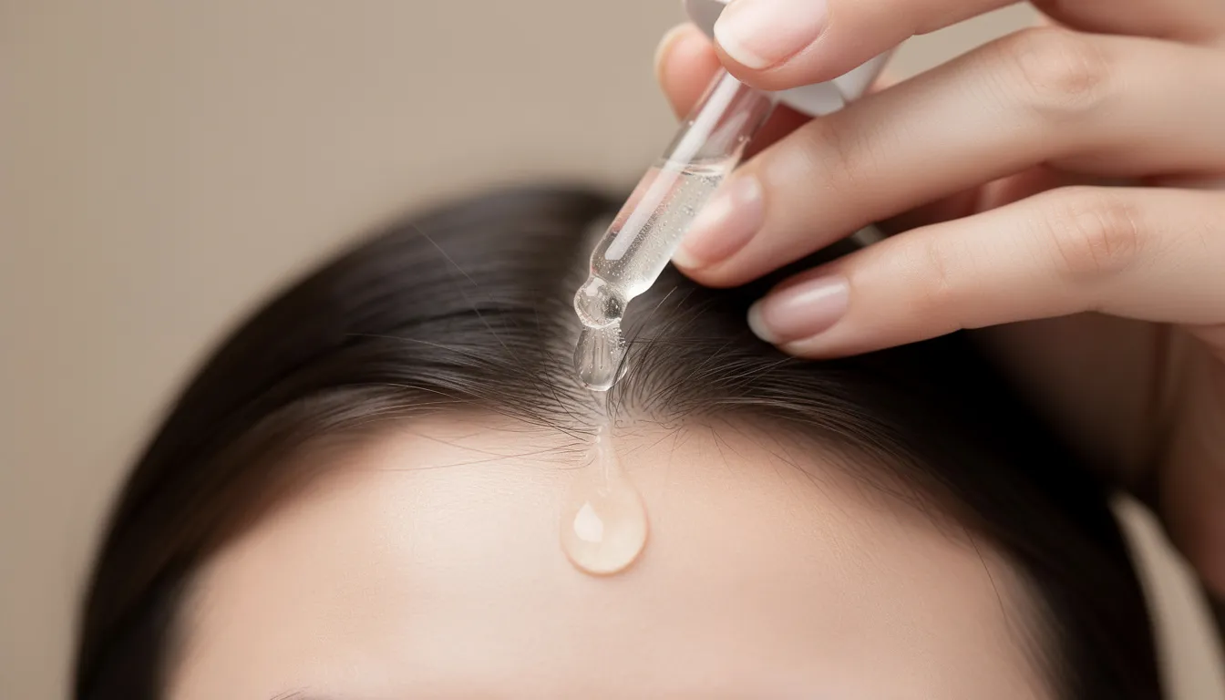 A close-up image shows hands delicately applying a clear peptide serum to the scalp using a dropper, emphasizing the importance of stimulating hair follicles and promoting healthy hair growth. This treatment aims to improve scalp health and support hair density, potentially aiding in hair regrowth and reducing thinning hair.