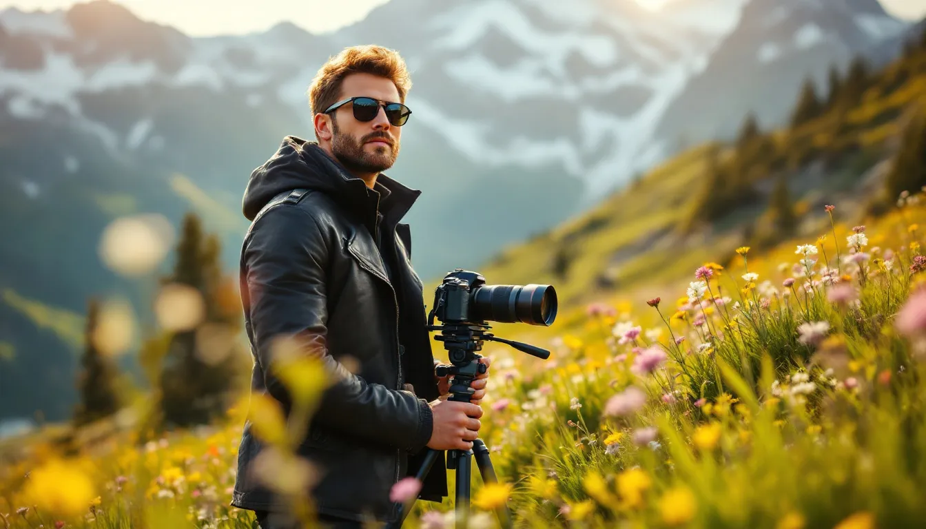 A professional photographer working with a camera in a scenic location.