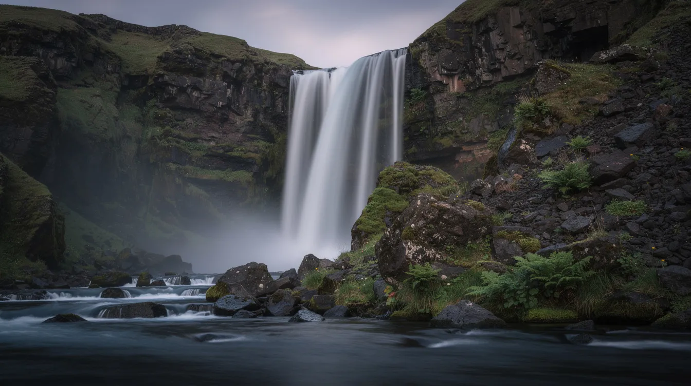 The image features a stunning waterfall cascading over dark rocks, with a silky smooth water effect achieved through long exposure photography. This captivating landscape scene showcases the natural beauty of the outdoors, drawing the viewer's attention to the harmonious blend of water, rocks, and the surrounding environment.