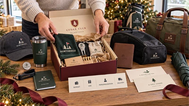 Personalized Christmas golf gift box with a towel, ball marker, divot tool, tees, scorecard holder, travel bags, umbrella, and golf vouchers.