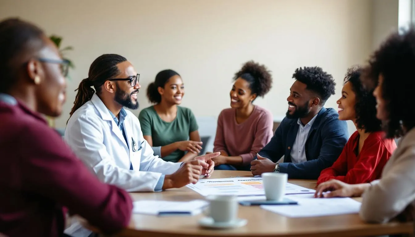 A healthcare professional is engaged in a discussion with diverse community members, focusing on various prevention strategies and risk factors related to health. The conversation emphasizes the importance of health education, preventive services, and promoting healthy behaviors to enhance community well-being.
