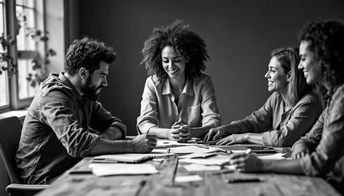 A supportive team collaborating around a table, emphasizing the importance of a supportive environment.