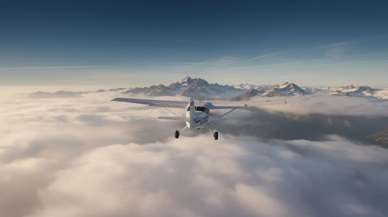 A small aircraft is soaring above a layer of fluffy white clouds under a clear blue sky, with distant mountains visible on the horizon. This scene captures the essence of visual flight rules, showcasing the beauty of civil aviation in flight operations.
