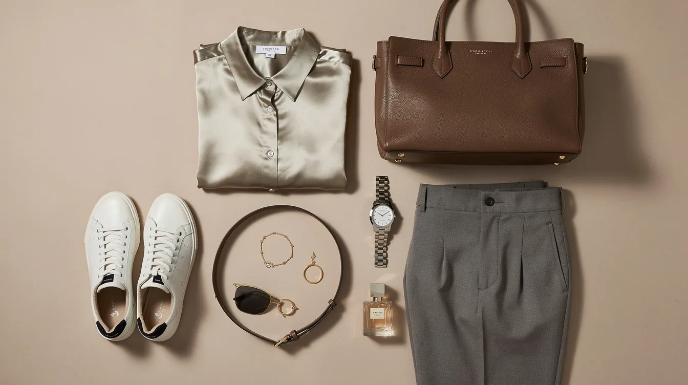 The image features an editorial flat-lay arrangement showcasing various fashion accessories and clothing items, all elegantly displayed on a neutral background. This composition emphasizes visual storytelling, perfect for fashion and apparel brands looking to enhance their online store with the best Shopify themes.