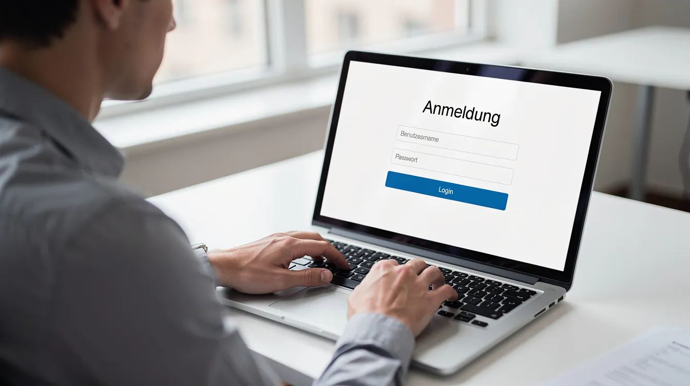 Eine Person sitzt an einem Laptop und gibt ihre E-Mail-Adresse sowie andere Zugangsdaten in ein Anmeldeformular ein, um sich in ein Online-Portal wie getmyinvoices einzuloggen. Der Bildschirm zeigt möglicherweise Funktionen zur Verwaltung von E-Rechnungen und Zahlungen an.
