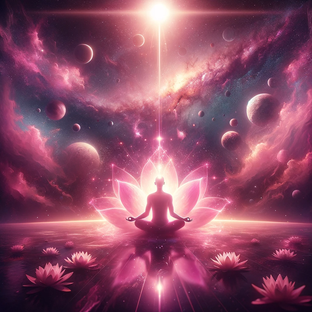 A firgure sitting in a yoga pose with a lotus flower behind it. The image is all pinks and purples with planets floating in the sky. 