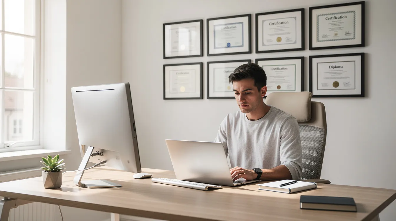 A person is seated at a modern home office desk, focused on their work, while behind them, framed credentials such as diplomas and transcripts hang on the wall, showcasing their educational achievements. The professional setup emphasizes a commitment to personal growth and the importance of educational institutions in their career.