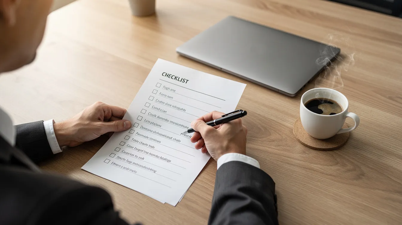 A professional is reviewing a checklist document at a tidy desk, accompanied by a cup of coffee, highlighting the organized content creation process. The scene reflects an environment conducive to productivity and focus, essential for effective keyword research and optimizing search queries.