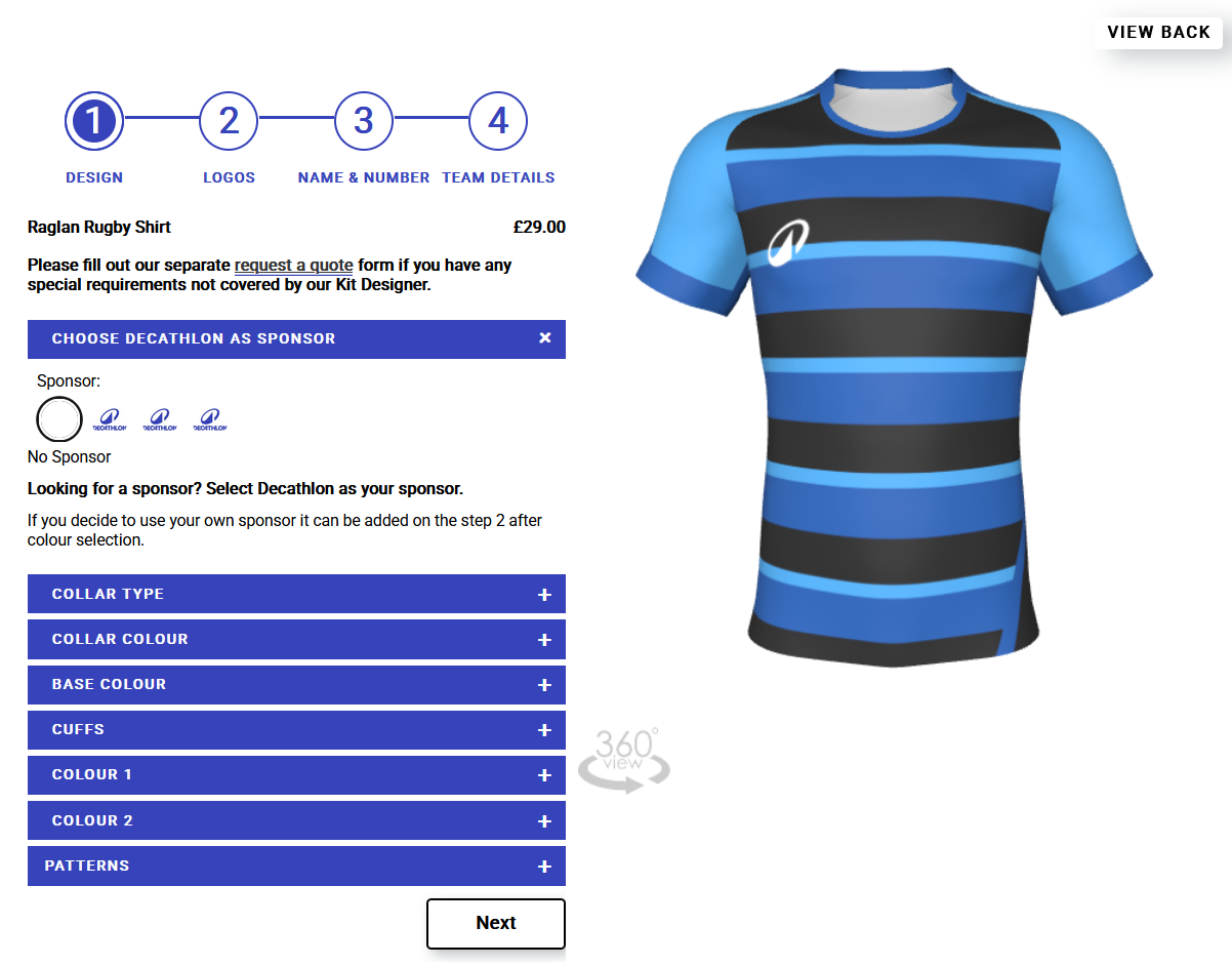 An interactive 3D kit design interface displays a customizable rugby jersey, allowing users to choose from a variety of colours, logos, and details to create their personalized rugby kit. This user-friendly rugby kit designer makes it easy for teams, clubs, and schools to start designing high-quality teamwear tailored to their needs.