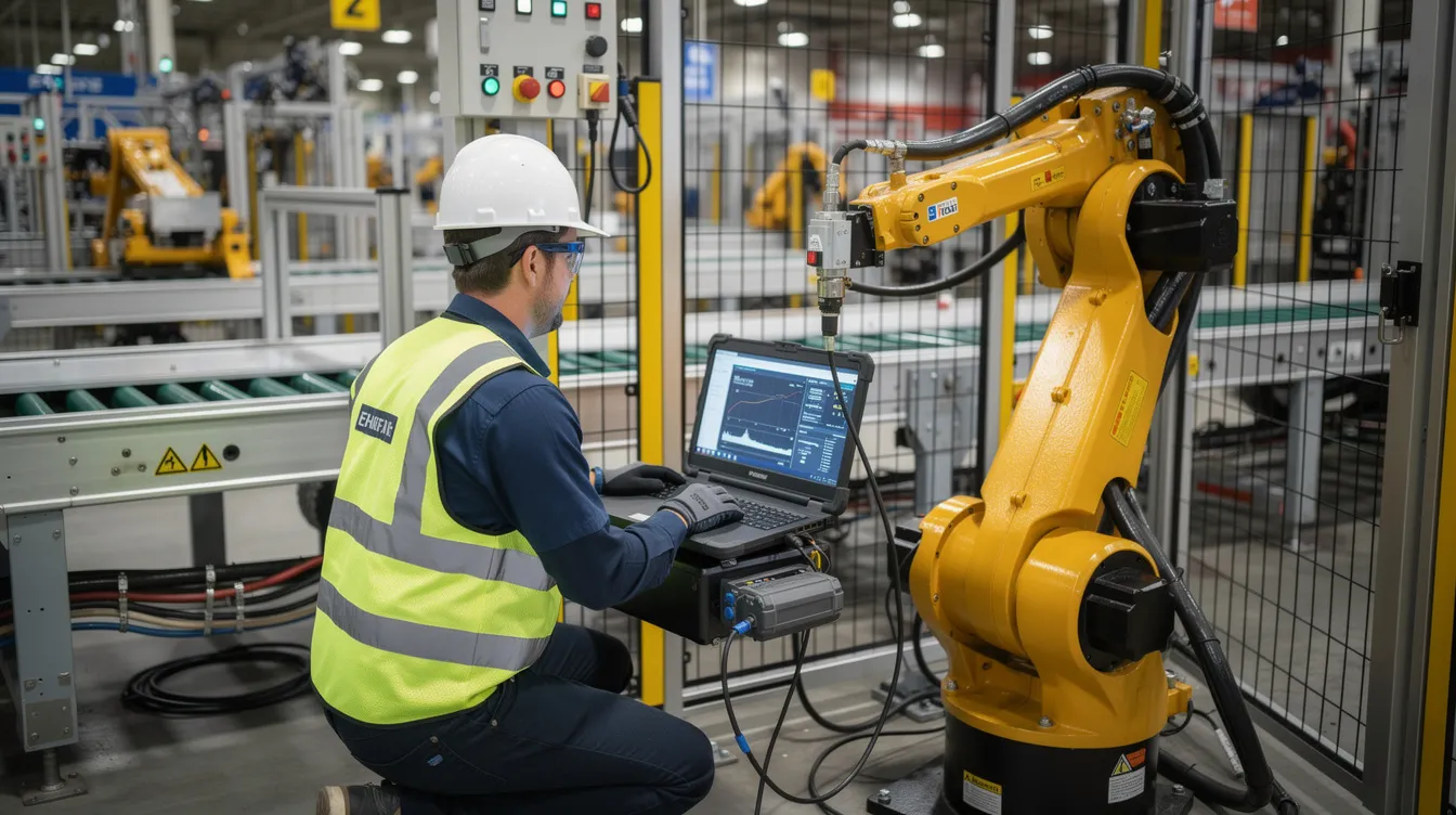 An industrial automation technician working with robotic systems and mechanical equipment on a factory floor.