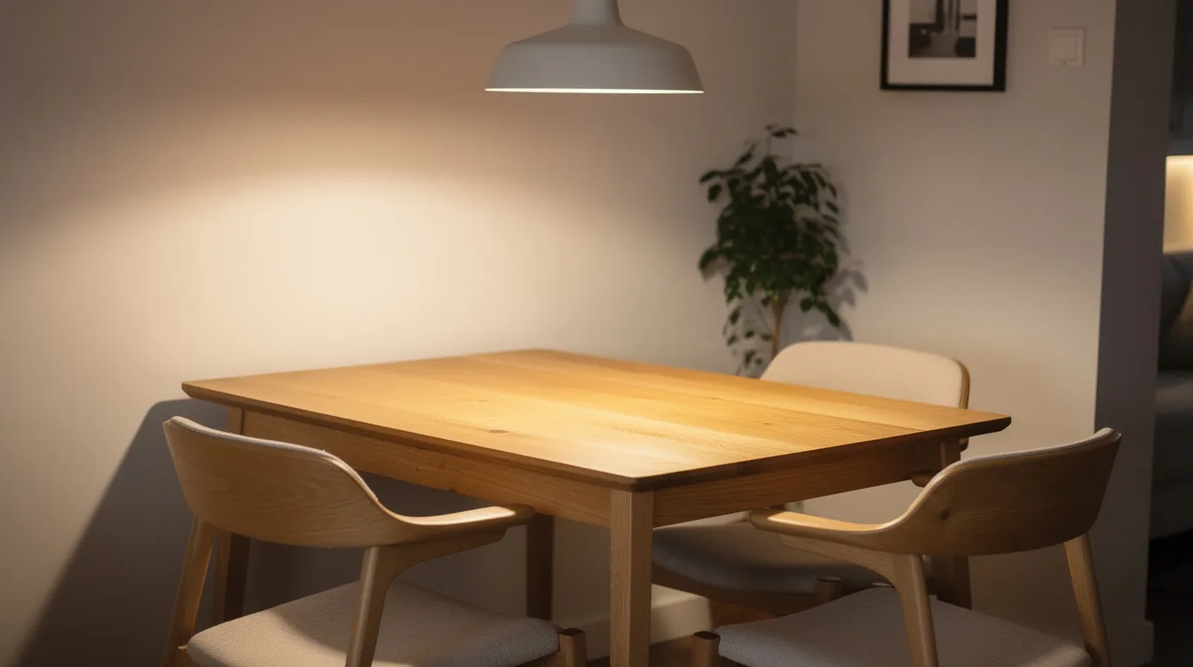De eethoek is ingericht met een houten tafel en wordt sfeervol verlicht door een hanglamp die warm wit licht uitstraalt, wat zorgt voor een romantische sfeer. Deze verlichting heeft een kleurtemperatuur die prettig is voor het oog, ideaal voor gezellige maaltijden.