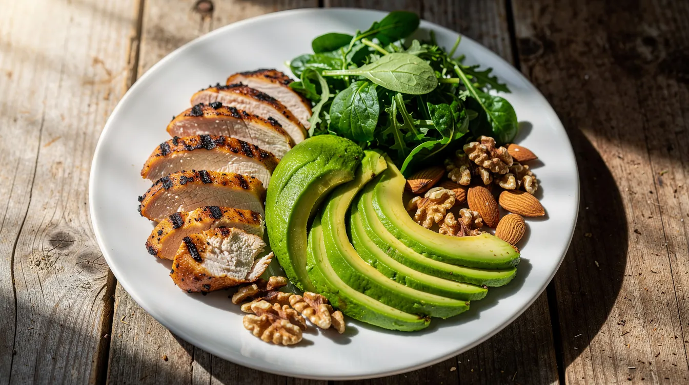 The image showcases a vibrant plate of healthy food featuring grilled chicken, creamy avocado, fresh leafy greens, and a sprinkle of nuts, all beautifully arranged on a rustic wooden table. This nutrient-dense meal embodies a balanced diet rich in healthy fats, perfect for those seeking to maintain a healthy lifestyle.