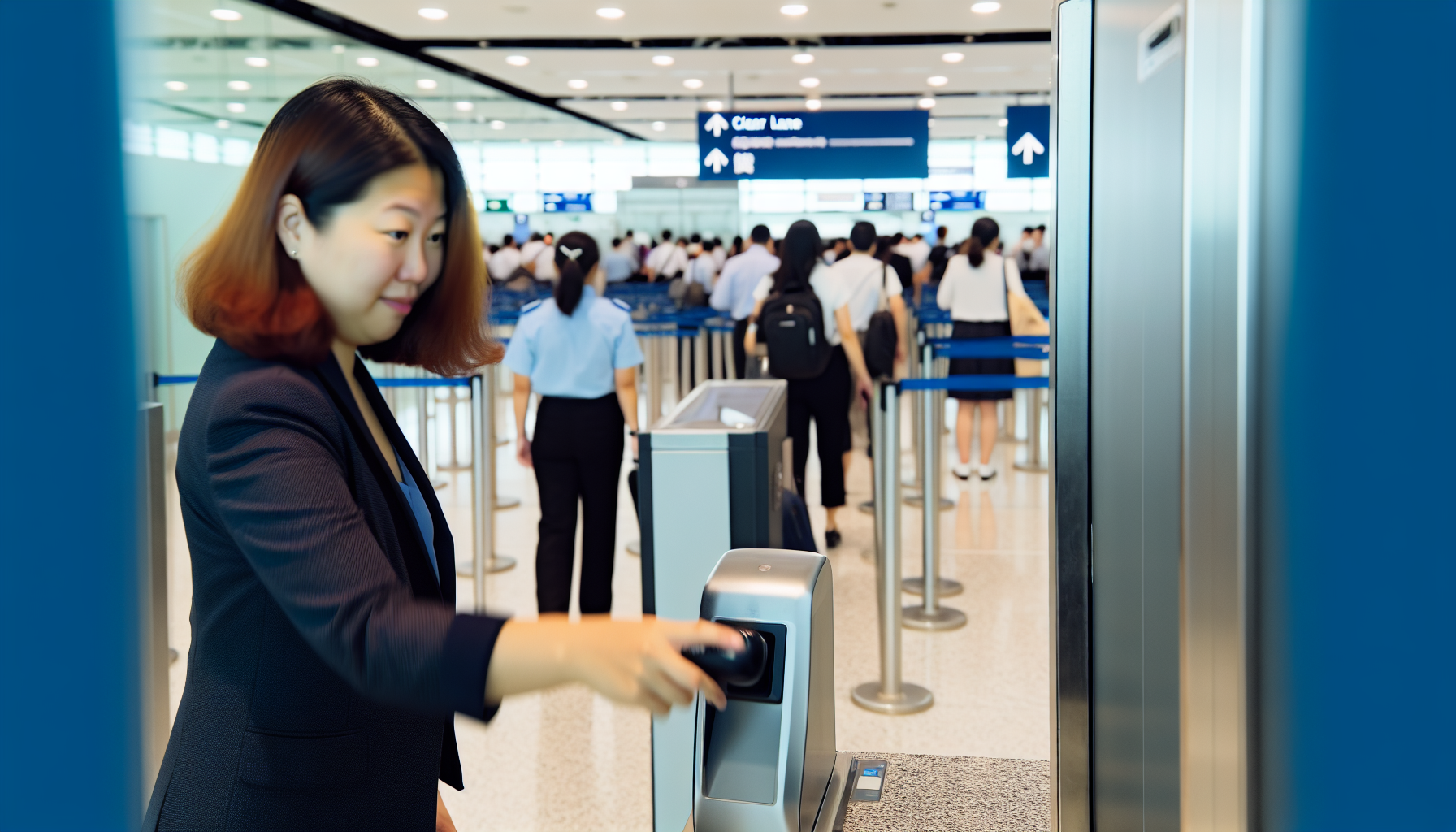 Traveler using biometric verification at a CLEAR lane