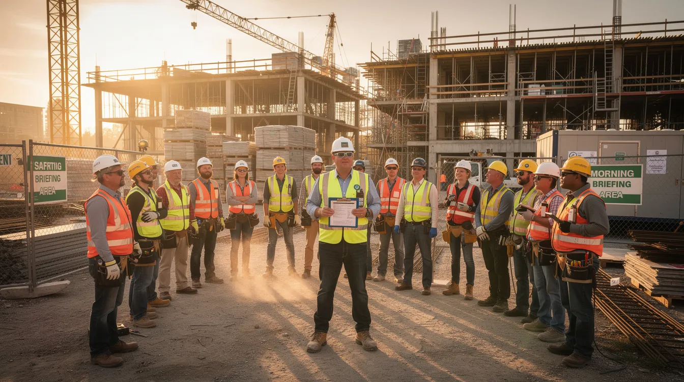 A group of construction workers, wearing protective gear, gathers around a superintendent holding a clipboard at a commercial building site for a morning safety briefing. This meeting emphasizes worker safety and effective project management, crucial elements in the construction industry to prevent project delays and improve operational efficiency.