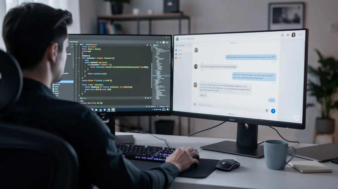 A person sits at a desk with dual monitors displaying a code editor on one screen and an AI chat interface on the other, symbolizing the intersection of technology and communication. The workspace reflects a focused environment where the individual is engaged in problem-solving and coding, showcasing the amazing potential of modern tools.