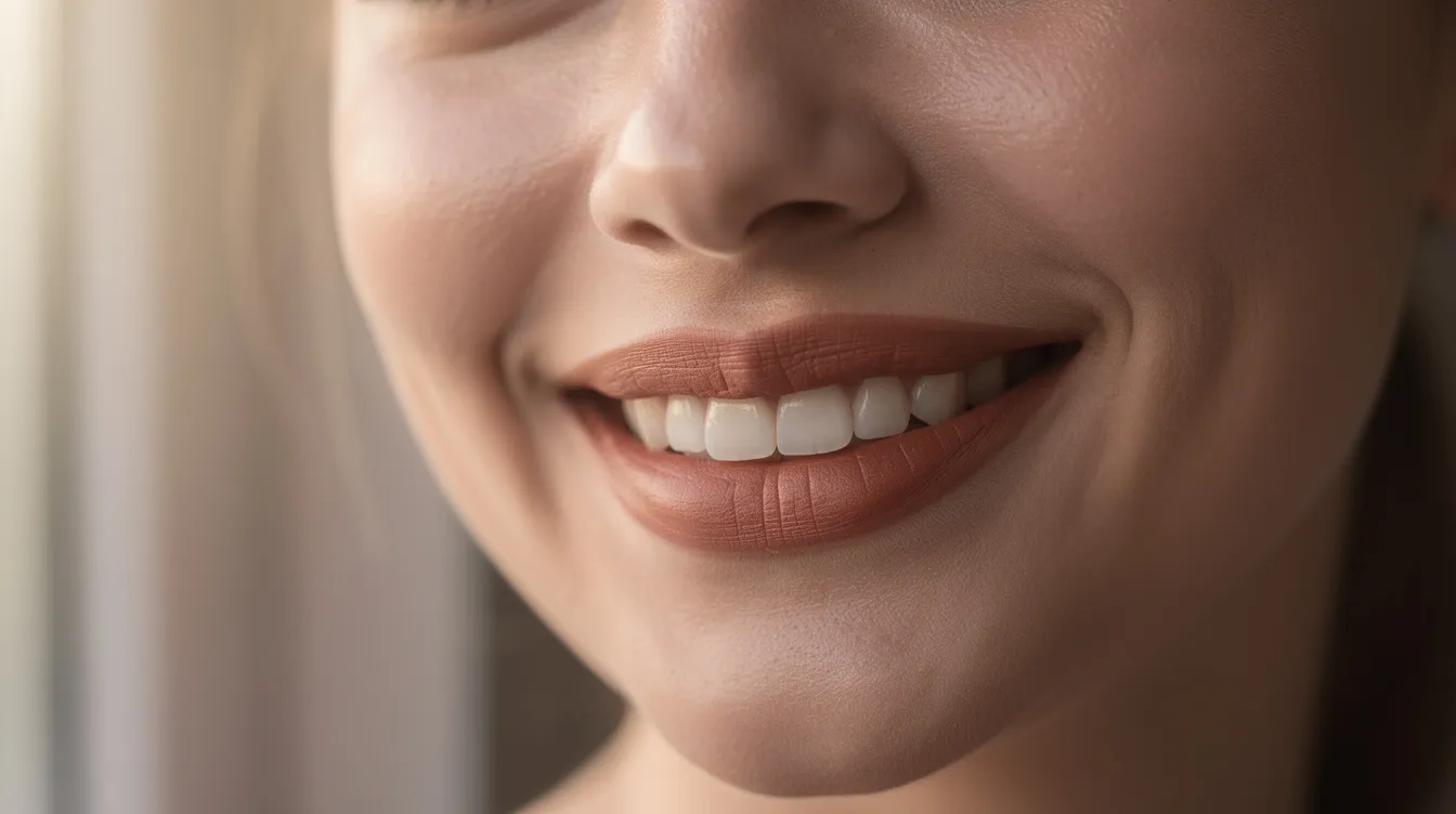 A close-up image of a woman with naturally full lips smiling warmly in soft, natural lighting, showcasing her subtle lip enhancement and defined cupid's bow. The natural look of her lips suggests a successful lip filler treatment, emphasizing the beauty of her facial features.