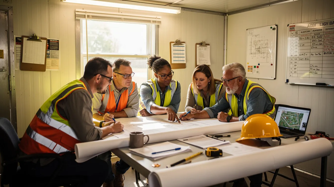 A team of construction professionals is gathered around a table in a job trailer, actively reviewing documents and plans related to their project. They are engaged in discussions about risk management and safety training to ensure compliance with quality standards and to address potential hazards on the job site.