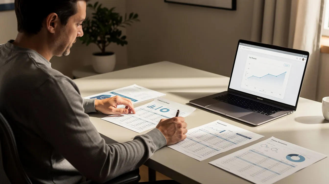 A person is sitting at a home office desk, reviewing financial documents with a laptop open nearby, illustrating a focused approach to managing their income and resources. The scene conveys the idea of planning ahead and evaluating important financial information.
