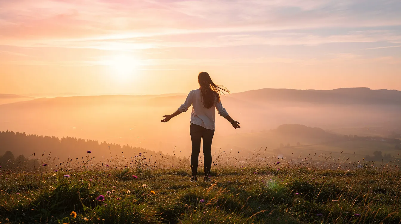 A person stands on a hilltop at sunrise, arms slightly open, embodying a sense of energy and expansiveness against a natural landscape. This scene reflects the essence of somatic therapy and the healing journey, emphasizing the mind-body connection and the potential for trauma recovery.