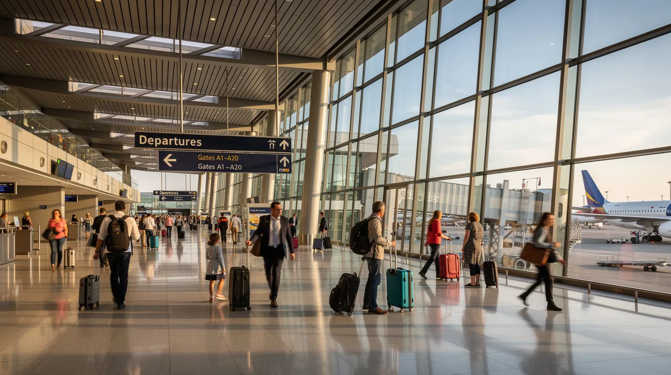 The image depicts a busy international airport terminal featuring travelers of various nationalities walking through a modern glass-walled corridor. The atmosphere is vibrant, with people carrying luggage and checking their travel documents, reflecting the bustling nature of global tourism and the importance of visas for entering countries like India.