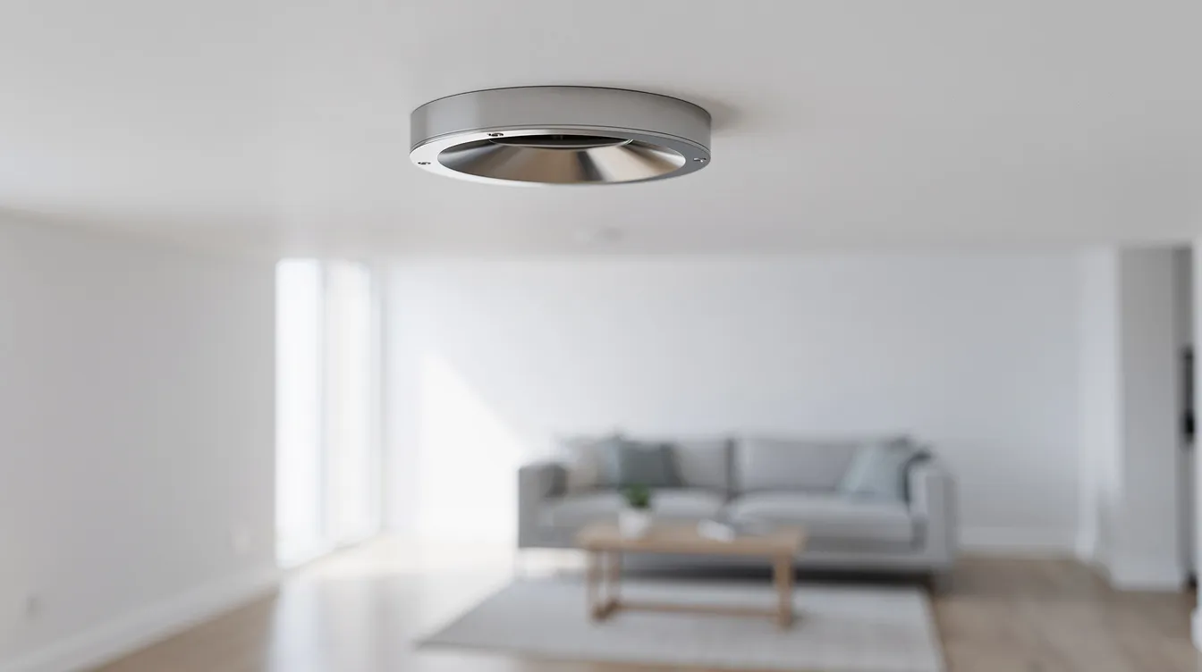 Et moderne ventilationsventil er diskret monteret i det hvide loft i en lys stue, hvilket bidrager til et sundt indeklima ved effektiv ventilation og varmegenvinding. Anlægget sikrer jævn luftudskiftning og et lavt lydniveau, hvilket forbedrer komforten i hele boligen.