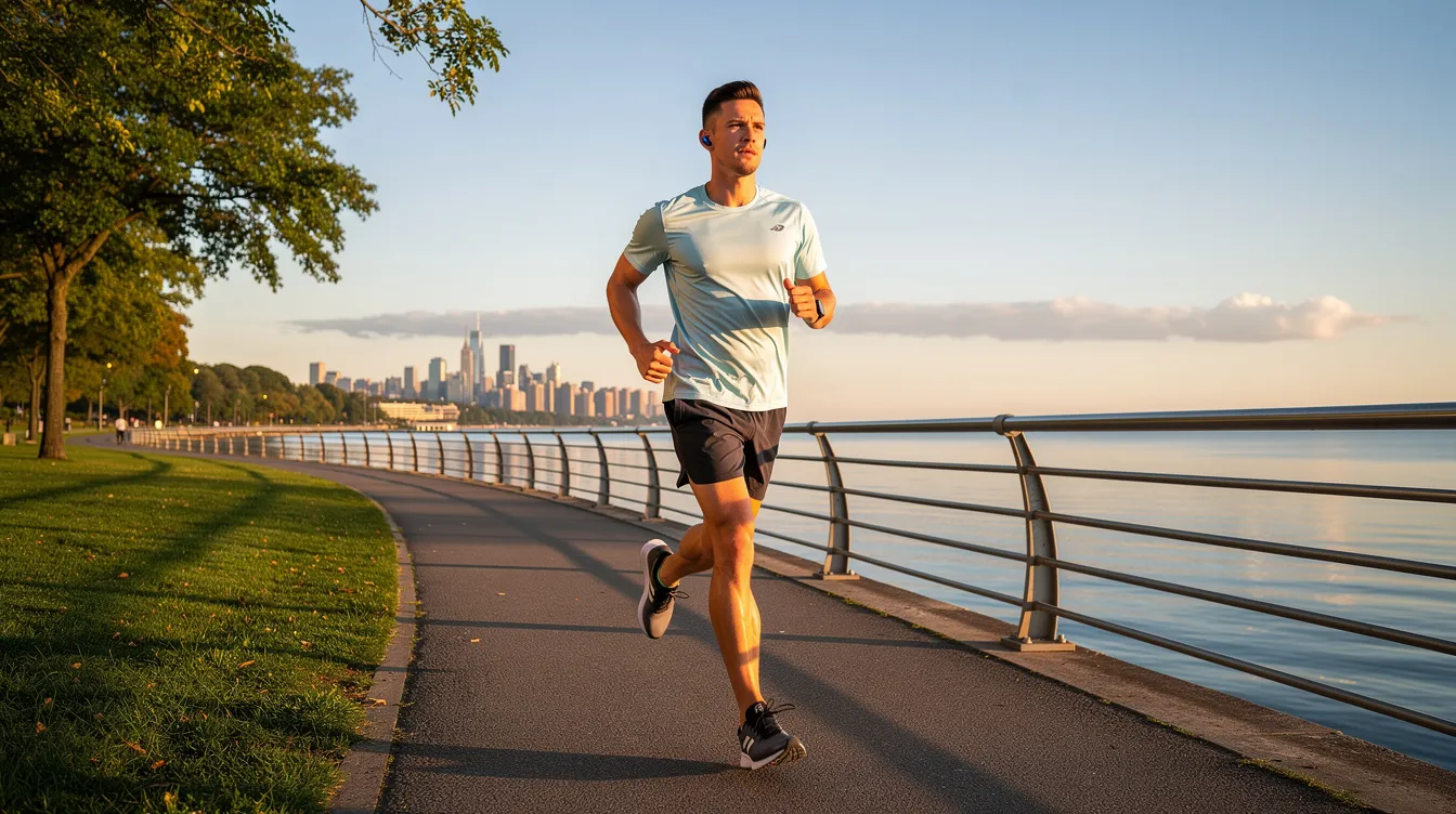 The image shows a man jogging along a scenic waterfront park on a clear morning, embodying a healthy lifestyle and physical activity. This setting reflects the positive impact of fitness on self-esteem, which can be significant for those considering male breast reduction surgery to address concerns like excess breast tissue.