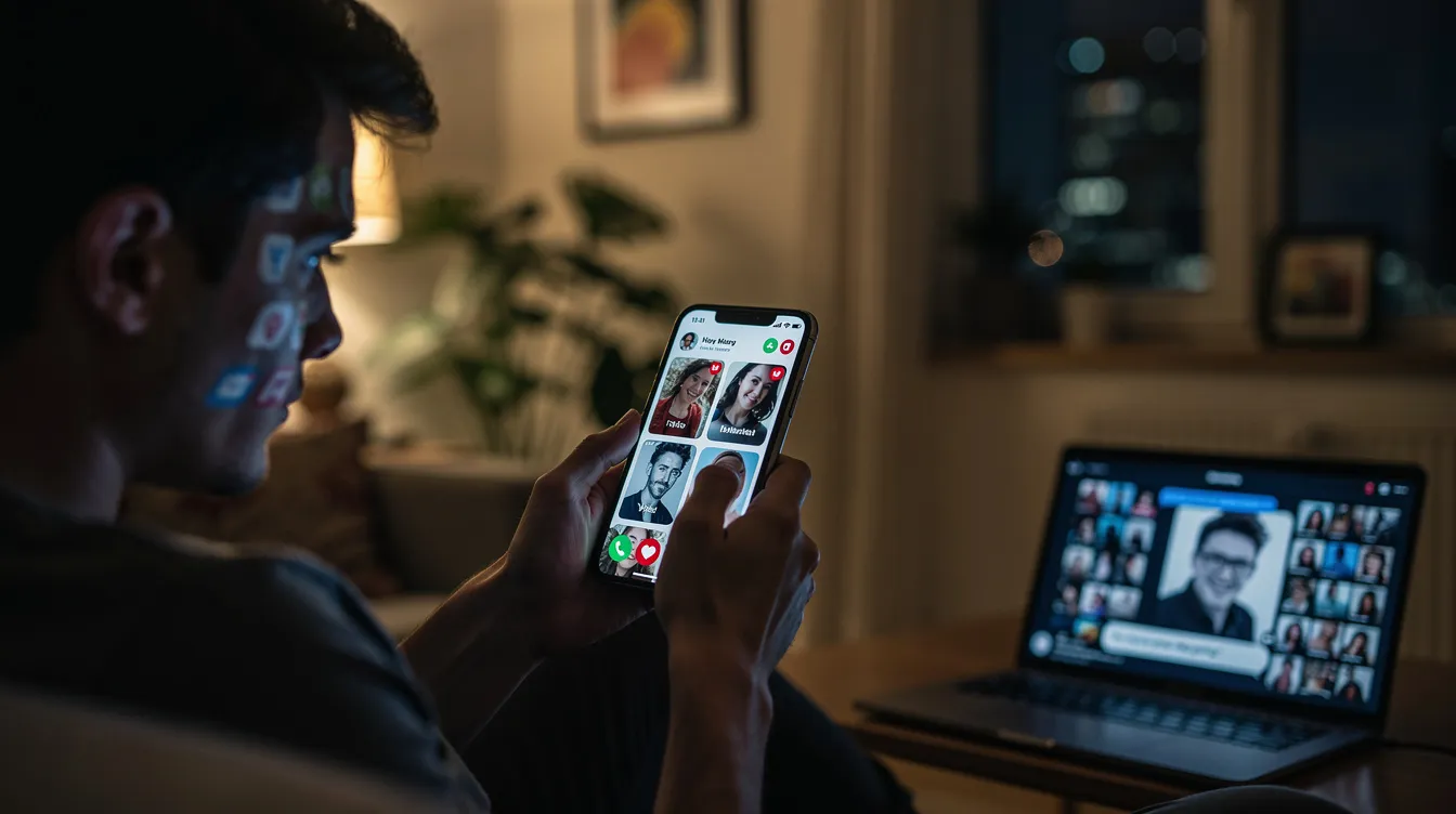 The image showcases various dating apps displayed on a smartphone screen, emphasizing their user-friendly interfaces and features like video chat and detailed profiles. It highlights the diversity of online dating options available for users seeking casual encounters or serious relationships, making it easier to connect with potential partners.