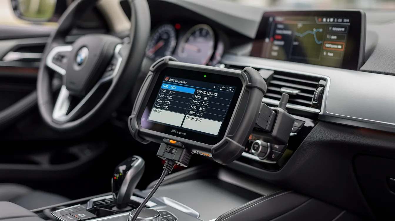 The image features a close-up view of a diagnostic scan tool connected to a BMW dashboard, highlighting the advanced technology used for vehicle diagnosis and maintenance. This tool is essential for BMW owners and enthusiasts to ensure optimal performance and address any repair needs.