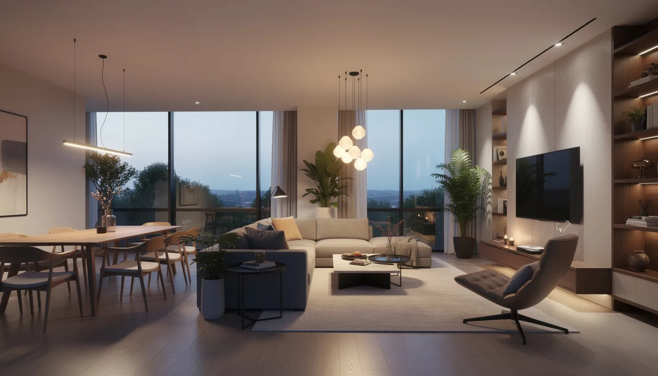 En öppen planlösning av ett vardagsrum som visar olika belysningszoner med både taklampor och spotlights. Rummet har en modern inredning där ljuset från lamporna skapar en behaglig atmosfär, perfekt för avkoppling och sociala stunder.